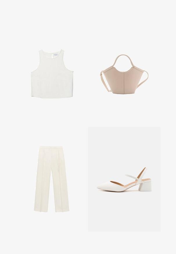 White sleeveless top with a round neckline, featuring a subtle texture, keyhole back detail, and a straight hemline.; Wide-legged trousers in a light cream color. Made from a smooth fabric with pleats at the front and side pockets.; White slingback shoe with a pointed toe and low block heel. Made of smooth synthetic material, featuring an elastic strap for fit.; Beige leather handbag with a unique shape, featuring two short handles and a long adjustable strap. Smooth texture with minimal hardware.