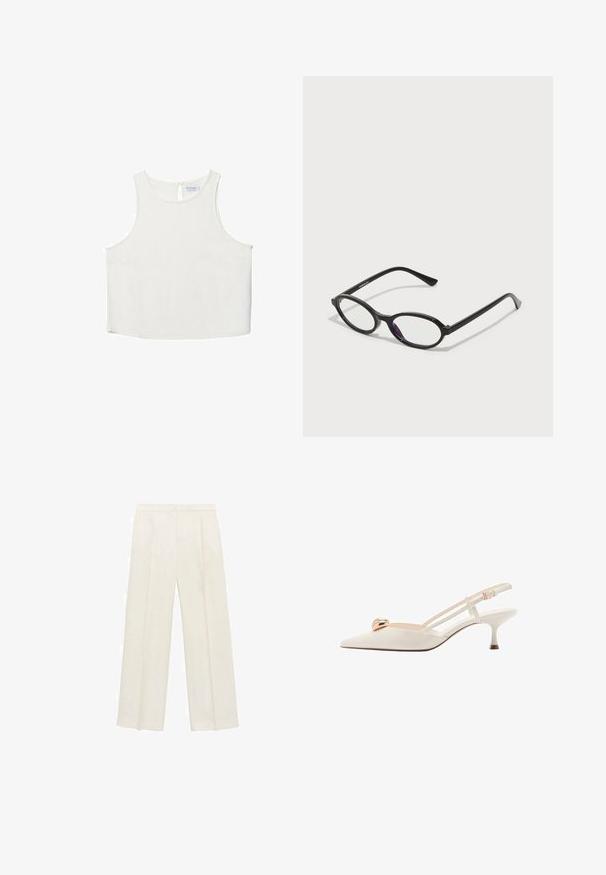 Bijela bezrukavna majica s okruglim izrezom, koja ima suptilnu teksturu, detalj u obliku ključa na leđima i ravni rub.; Hlače širokog kroja u svijetloj krem boji. Izrađene su od glatkog materijala s plisama sprijeda i bočnim džepovima.; Cipele slingback boje kreme s šiljastim vrhom, tankim trakama i zlatnim detaljem na prednjem dijelu. Imaju nisku, usku petu.; Crne naočale ovalnog okvira s prozirnim ljubičastim naglascima na lećama. Okviri imaju mat finiš i tanke, ravne temple.; Žuta torbica od umjetnog krokodila sa strukturiranim dizajnom, gornjom ručkom, odvojivim lančićem i dekorativnim kristalnim ukrasom na kopči.