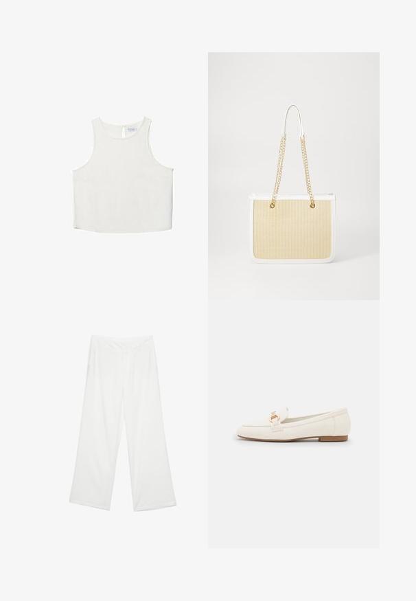 Bílý bezrukávový top s kulatým výstřihem, který má jemnou texturu, detaily v oblasti zad ve tvaru klíčové dírky a rovný lem.; Kalhoty s širokými nohavicemi z bílé látky, s hladkým povrchem, předními kapsami a klasickým pasem s poutky na opasek.; Bílé kožené loafers s plochou podrážkou, zdobené zlatým sponkovým detailem a hladkým povrchem. Klasický design s jednoduchými liniemi.; Béžová tkaná slaměná taška s bílými koženými detaily, dvojitými zlatými řetízkovými uchy a obdélníkovým tvarem. Povrch má strukturovaný vzor.