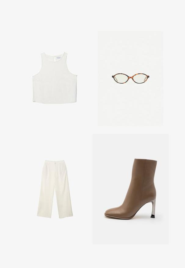 Bela brezrokavna majica z okroglim dekoltejem, ki se ponaša z diskretno teksturo, detajlom ključavnice na hrbtu in ravnim robom.; Hlače širokih nogavic iz kremaste tkanine z gladko teksturo, z enim sprednjim gumbom, diskretnimi plisami in visokim pasom.; MICHAEL Michael Kors KELSEA BOOTIE - Gležnjarji z visoko peto - driftwood; Kornjačaste očala z ovalnimi lečami in gladko, sijočo površino. Imajo tanke stranice z rahlim ovinkom na templjih. Prosojne leče.; Tri do konice za lase: ena marmorirana v črni in beli barvi, dve iz školjkastega v rjavih in črnih odtenkih, vse narejeno iz sijoče plastike z teksturiranim zaključkom.