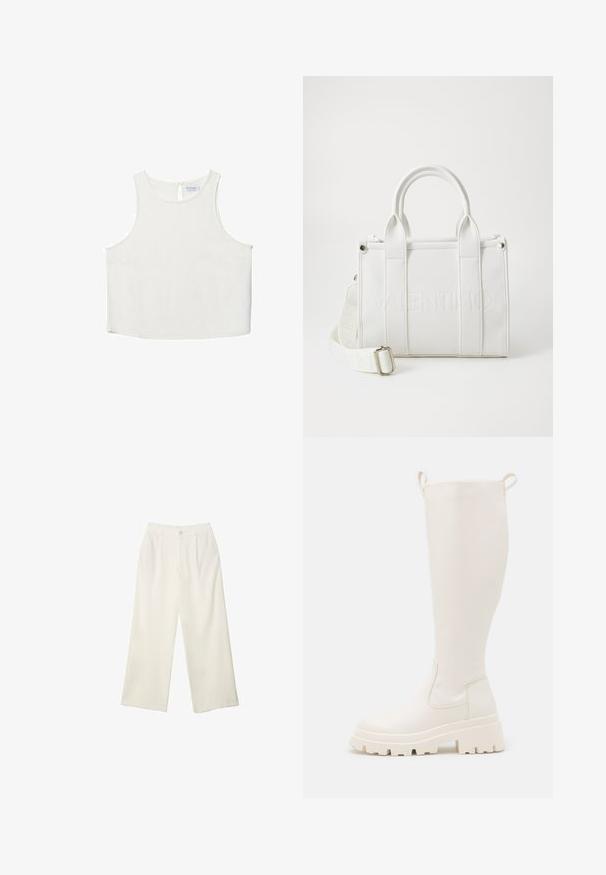 Bijela bezrukavna majica s okruglim izrezom, koja ima suptilnu teksturu, detalj u obliku ključa na leđima i ravni rub.; Hlače širokih nogavica od kremaste tkanine s glatkom teksturom, s jednim prednjim gumbom, suptilnim plitvicama i visokim strukom.; Čizmice od bijele gume do koljena s debelim potplatom i bočnim elastičnim panelima. Imaju hvataljke na vrhu za lakše oblačenje. Glatka tekstura.; Bijela kožna torba s utisnutim logotipom, strukturiranog oblika, s dvostrukim gornjim ručkama, odvojivim remenom za rame i teksturiranom površinom.