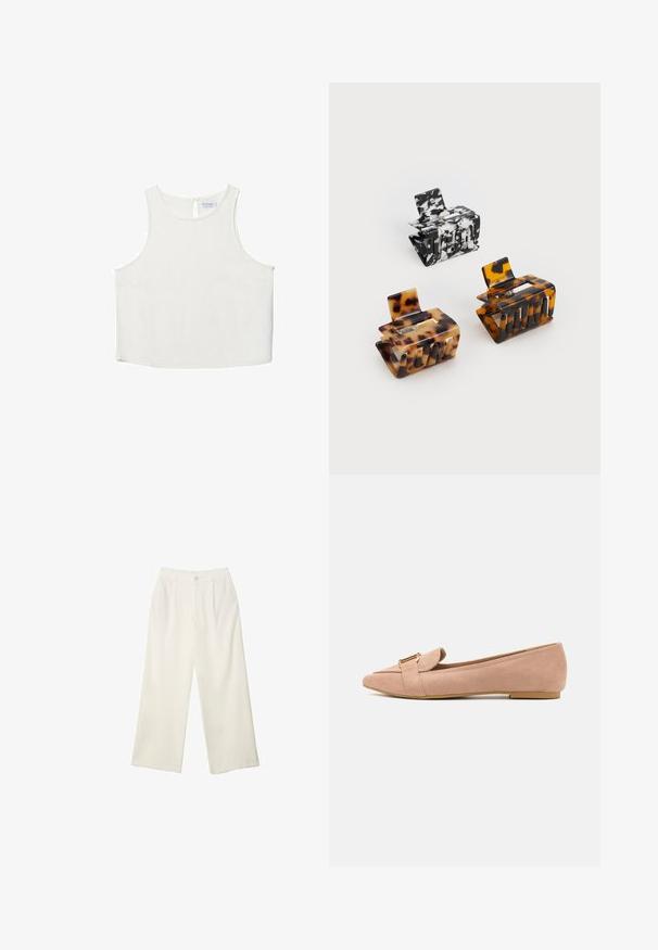 Bijela bezrukavna majica s okruglim izrezom, koja ima suptilnu teksturu, detalj u obliku ključa na leđima i ravni rub.; Hlače širokih nogavica od kremaste tkanine s glatkom teksturom, s jednim prednjim gumbom, suptilnim plitvicama i visokim strukom.; Roze nubuk ravne cipele s dizajnom šiljastog nosa, s zlatnim hardverskim detaljem i ravnim gumbenim potplatom za udobnost.; Tri čašice za kosu: jedna crno-bijela mramorna, dvije žirafe u smeškim i crnim nijansama, sve izrađene od sjajnog plastike s teksturiranom završnom obradom.