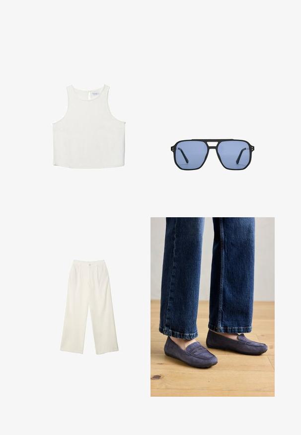 Hvid ærmeløs top med rund halsudskæring, der har en subtil tekstur, nøglehulsbagdetalje og lige kant.; Bredde bukser i cremefarvet stof med en glat tekstur, der har en enkelt knap foran, diskrete folder og design med høj talje.; Lilla ruskind loafers med en syet sømdetalje og en flad gummisål, båret med brede blå jeans, som viser en afslappet stil på et trægulv.; Stradivarius RETRO - Solbriller - light blue