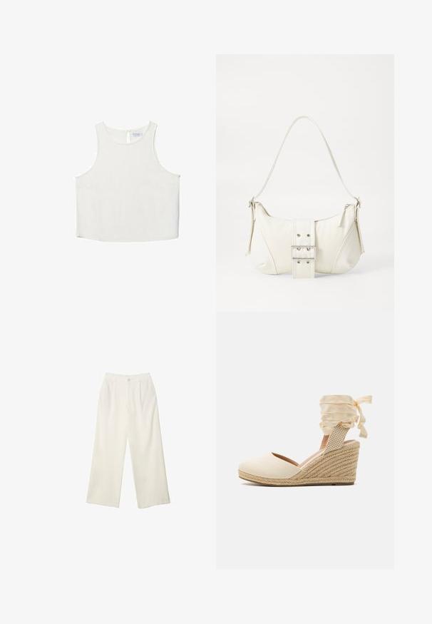 Biele bezrukávové tričko s okrúhlym výstrihom, ktoré má jemnú textúru, detail s kľúčovou dierkou na chrbte a rovný lem.; Široké nohavice z krémovej látky s hladkou textúrou, s jedným predným gombíkom, jemnými skladmi a vysokým pásom.; Bežové espadrilové wedges so pláteným vrchom, otvorenou špičkou a jemnými stuhami. Textúrovaný jutový klin so zpleteným vzorom.; Biela taška cez rameno s textúrovaným povrchom, centrálnou prackou a zakriveným tvarom. Zipsy na oboch stranách.