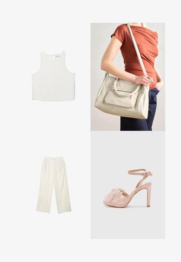 Vit ärmlös topp med rundad halsringning, featuring en subtil textur, detalj med nyckelhål i ryggen och rak nederkant.; Breda byxor i krämfärgad tyg med en mjuk yta, med en enda knapp fram, subtila veck och en hög midja design.; Ljusrosa satinsandaler med hög klack, prydda med ett rynkat tylldetalj och konstgjorda pärlor, med en ankelsnörning och öppen tå-design.; Vitt läderhandtag med dubbla handtag och en avtagbar rem, med en framsidans dragkedjeficka och slät textur. Bärs på en persons arm.