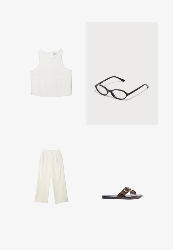 Valkoinen hihaton paita, jossa on pyöreä pääntie, hienovarainen tekstuuri, avaustakki ja suora helma.; Kermanhousut vaaleassa kankaassa, jossa on sileä rakenne, yksittäinen etunappi, hienovaraiset laskokset ja korkea vyötärömuotoilu.; Ruskeat nahkaiset slaidi-sandaalit, joissa on ristikkäiset hihnat, pyöreä kultainen solkiyksityiskohta ja litteä musta kumipohja.; Mustat soikeat kehykset, joissa on puoliläpinäkyvät violetit yksityiskohdat linssissä. Kehykset ovat mattapintaiset ja hoikalla, suoralinjaisella varrella.; Ruskea nahkainen laukku, jossa on kerätty yläosa ja ketjuhihna. Tasainen pinta, jossa kiiltävä viimeistely ja hienovaraiset sauman yksityiskohdat sivuilla.