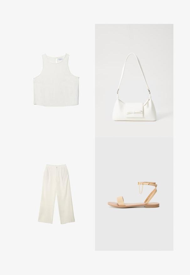 Bílý bezrukávový top s kulatým výstřihem, který má jemnou texturu, detaily v oblasti zad ve tvaru klíčové dírky a rovný lem.; Široké kalhoty z krémové látky s hladkým povrchem, s jediným předním knoflíkem, jemnými skladbami a vysokým pasem.; Krémové ploché sandály s jedním širokým páskem, kotníkovým páskem se sponou a dekorativním řetízkem. Hladký povrch podobný kůži a plochá podrážka.; Bílá syntetická kabelka v trojúhelníkovém tvaru, s plochým předním klopným víkem a detailem mašle, nastavitelným popruhem, hladkým povrchem a minimalistickým designem.