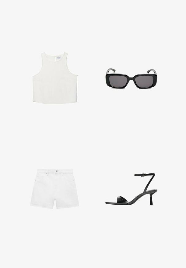 Weißes ärmelloses Oberteil mit rundem Halsausschnitt, das über eine subtile Textur, ein Schlüsselaugen-Rückendetail und einen geraden Saum verfügt.; Weiße Denim-Shorts mit einem Design mit vier Taschen, versehen mit einem Knopf- und Reißverschluss, präsentiert vor einem schlichten Hintergrund.; Bershka High Heel Sandalette - black; Schwarze rechteckige Sonnenbrille mit dunklen Gläsern, glattem Kunststoffrahmen und gebogenen Bügeln. Das Design ist klobig mit einer minimalistischen Ästhetik.