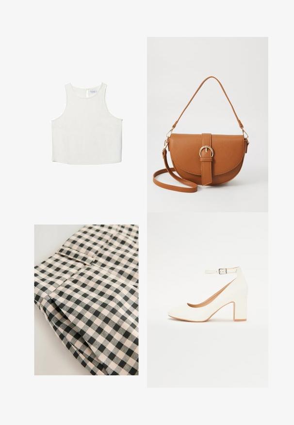 Witte mouwloze top met een ronde halslijn, voorzien van een subtiele textuur, een sleutelgatenrugdetail en een rechte zoom.; Zwart en beige geblokt stof met een gladde textuur. Detail toont een gevouwen sectie met een zak en nette afwerk lijnen.; Witte hoge hak schoen met een puntige neus, blokhak en enkelbandje. Glamoureuze afwerking met een subtiele glans en een beige binnenvoering.; Bruine leren schoudertas met een gebogen vorm, gouden hardware en een gespaccent. Bevat een afneembare schouderriem.