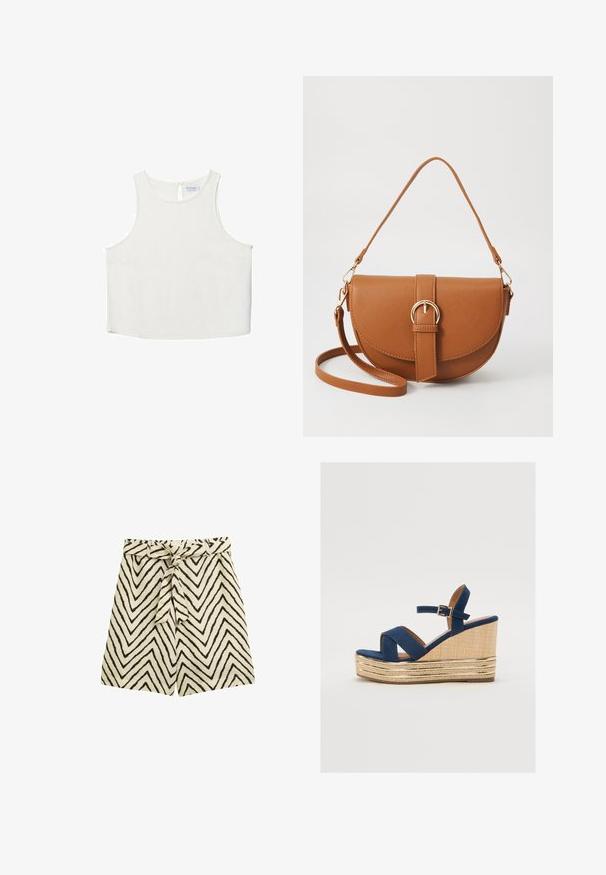 Biele bezrukávové tričko s okrúhlym výstrihom, ktoré má jemnú textúru, detail s kľúčovou dierkou na chrbte a rovný lem.; Ľahké šortky z béžovej tkaniny s čiernymi zigzagovým vzorom. Majú viazací opasok v páse a voľný strih.; Námornícky modré sandále na klíne s prekríženými popruhmi, textúrovanou platformou z prírodných vlákien a zlatým kovovým akcentom na spodnej strane.; Hnedá kožená kabelka cez telo s zakriveným tvarom, zlatými kovovými doplnkami a akcentom s prackou. Obsahuje odnímateľný ramenný popruh.