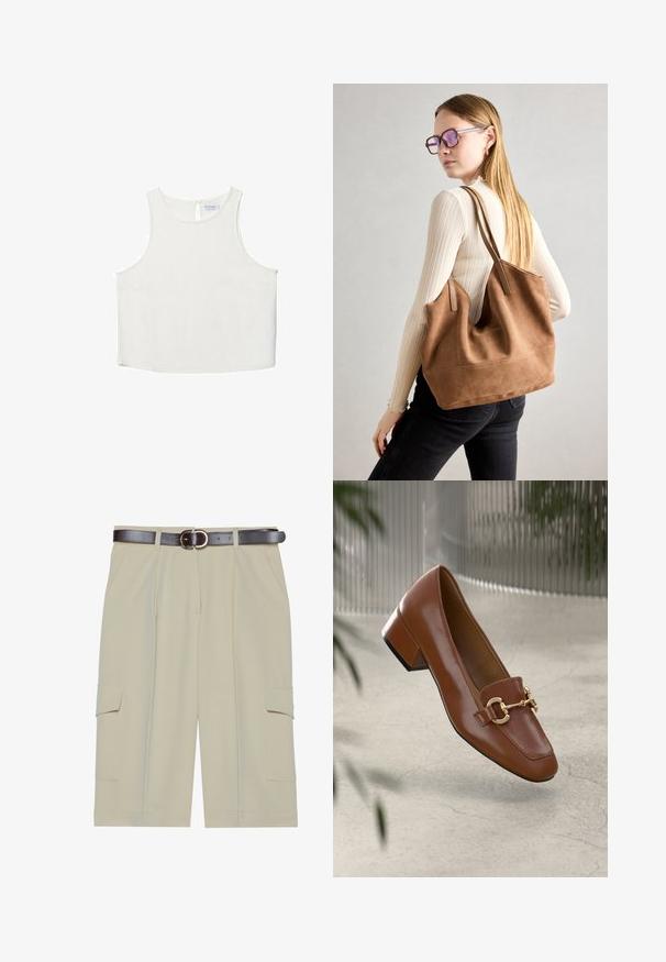 Biele bezrukávové tričko s okrúhlym výstrihom, ktoré má jemnú textúru, detail s kľúčovou dierkou na chrbte a rovný lem.; Béžové cargo šortky s voľným strihom, s dvoma bočnými vreckami a hnedým opaskom so zaoblenou prackou, hladká textúra látky.; Hnedé lakované kožené loafers s hranatou špičkou, kovovým reťazovým akcentom a nízkym blokovým podpätkom; hladká textúra, minimalistický dizajn.; Hnedá semišová taška na rameno s mäkkou textúrou, veľkým otvorom a dlhými popruhmi. Má jednoduchý dizajn s viditeľným šitím a bez kovových prvkov.