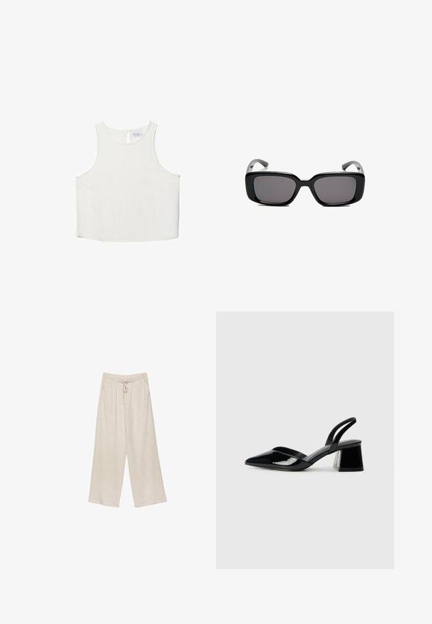 Bela brezrokavna majica z okroglim dekoltejem, ki se ponaša z diskretno teksturo, detajlom ključavnice na hrbtu in ravnim robom.; Beige lanene široke hlače, z vzdolžno vrvico v pasu, dvema stranskima žepoma in rahlo teksturirano tkanino za zračnost in udobje.; Črne lakirane slingback pete s koničastim nosom in geometrijsko blokasto peto. Imajo eleganten, minimalističen dizajn in gladko teksturo.; Črne pravokotne sončne očala z temnimi lečami, gladkim plastičnim okvirjem in ukrivljenimi nogicami. Oblika je robustna in minimalistična.