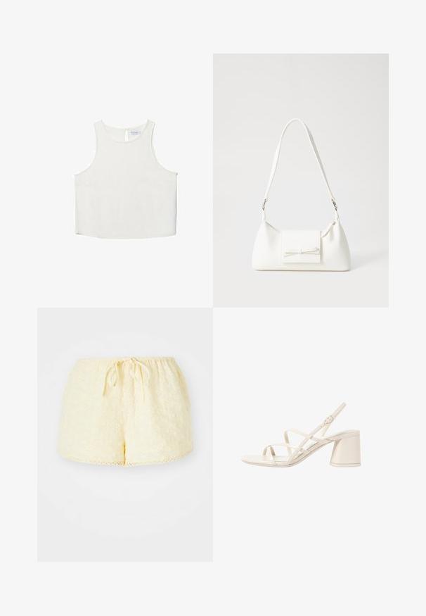 Biele bezrukávové tričko s okrúhlym výstrihom, ktoré má jemnú textúru, detail s kľúčovou dierkou na chrbte a rovný lem.; Žlté bavlnené šortky s elastickým pásom a šnúrkou. Obsahujú vyšívané kvetinové vzory a detail s volánovým lemovaním.; Béžové sandále na podpätku s jemnými, prekrývajúcimi sa remienkami, otvorenou špičkou a štvorcovým blokovým podpätkom. Hladký lesklý povrch, nastaviteľný remienok na členku.; Biela syntetická kabelka s trojuholníkovým tvarom, plochým predným klapkou a detailom mašle, nastaviteľným popruhom, hladkou textúrou a minimalistickým dizajnom.