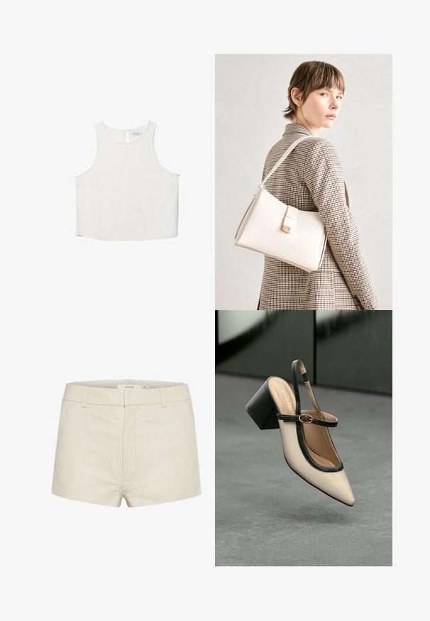 Top bianco senza maniche con scollo rotondo, caratterizzato da una sottile trama, dettaglio a rombo sul retro e orlo dritto.; Pantaloni shorts in pelle beige con una texture liscia, caratterizzati da una vita aderente, passanti per cintura e un delicato ricamo frontale. Design semplice e contemporaneo.; Scarpa beige con punta a stivale, con rifiniture nere, fibbia dorata e tacco a blocco spesso su un pavimento grigio con sfondo verde scuro.; Borsa a mano in pelle bianca con un design strutturato, presente di un clasp magnetico e una tracolla, esposta su uno sfondo neutro.