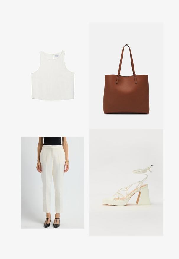 Weißes ärmelloses Oberteil mit rundem Halsausschnitt, das über eine subtile Textur, ein Schlüsselaugen-Rückendetail und einen geraden Saum verfügt.; Weiß maßgeschneiderte Damen-Hosen mit Falten, schmaler Schnitt und glatter Textur, kombiniert mit schwarzen Lackleder-Stöckelschuhen.; Weiße High-Heel-Sandale mit einem klobigen Absatz, die über ein Riemchendesign und ein Knöchelband verfügt. Glatte Textur mit einer Plattform vorne für zusätzliche Höhe.; Braune Leder-Tote mit glatter Textur, offenem Oberteil und zwei Schulterriemen. Verfügt über minimale Nähte und keine sichtbaren Beschläge.