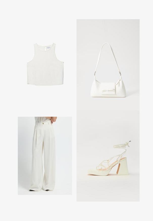 Hvid ærmeløs top med rund halsudskæring, der har en subtil tekstur, nøglehulsbagdetalje og lige kant.; Bredde benbukser i hvidt stof, med høj talje, frontfolder og en guldknaplukning. Glat tekstur med en skræddersyet pasform.; Hvide højhælede sandaler med en kraftig hæl, der har et stropdesign og ankelbinding. Glat tekstur med en platform foran for ekstra højde.; Hvid syntetisk håndtaske med en trekantet form, flad forsideklap og sløjfedetalje, justerbar strop, glat tekstur og minimalistisk design.