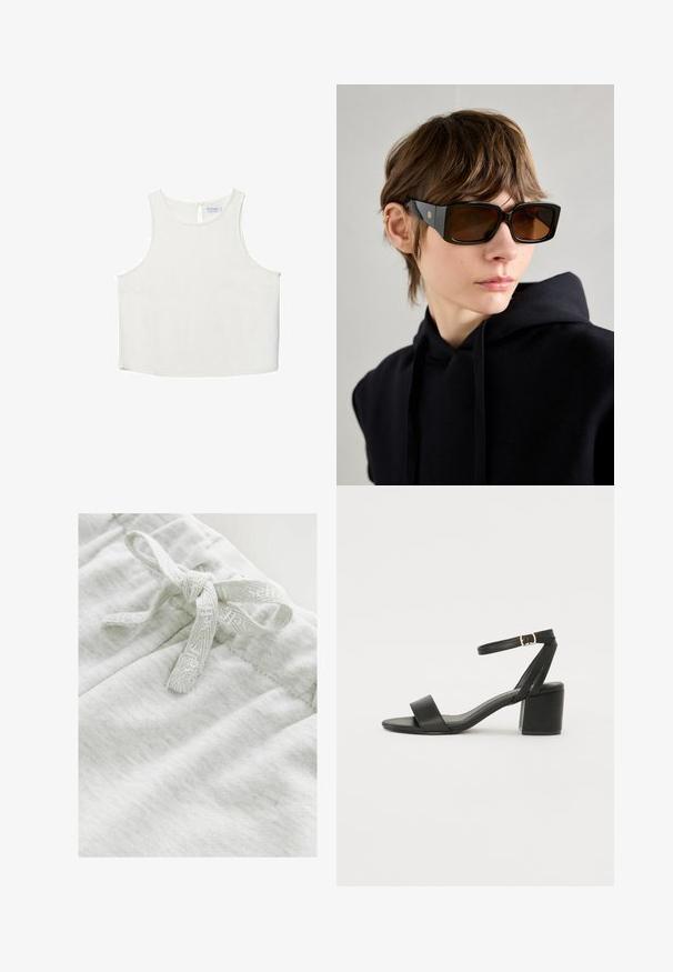 Hvid ærmeløs top med rund halsudskæring, der har en subtil tekstur, nøglehulsbagdetalje og lige kant.; Lys grå stof med en blød tekstur, der har en butterfly-detalje lavet af et matchende struktureret bånd i taljen.; Sort hæl sandal med en glat læderoverdel, åben tå, brede frontstropper og justerbar ankelrem med detaljer i guldfarve.; Store sorte oversized solbriller med en blank finish, rektangulær form, brune tonede linser og guld logo detalje på stængerne.