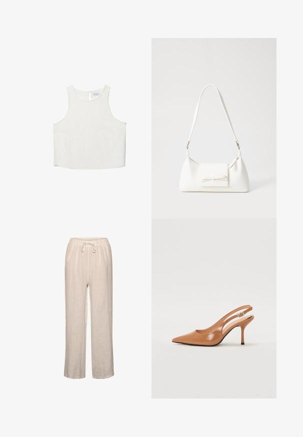 Biała bezrękawnik z okrągłym dekoltem, z delikatną teksturą, z tylnym wycięciem w kształcie klucza oraz prostym wykończeniem dołu.; Lnianowe spodnie w jasnym beżu z elastycznym pasem i sznurkiem, charakteryzujące się luźnym krojem i prostymi nogawkami.; Sandały na obcasie z kwadratowym noskiem, wykonane z gładkiego, błyszczącego materiału w kolorze brązowym. Charakteryzują się zaokrąglonym wycięciem i smukłym obcasem typu stiletto. Detal w postaci srebrnej klamry.; Biała syntetyczna torba o trójkątnym kształcie, płaskim przednim klapce i detalach w postaci kokardy, regulowanym pasku, gładkiej fakturze oraz minimalistycznym designie.