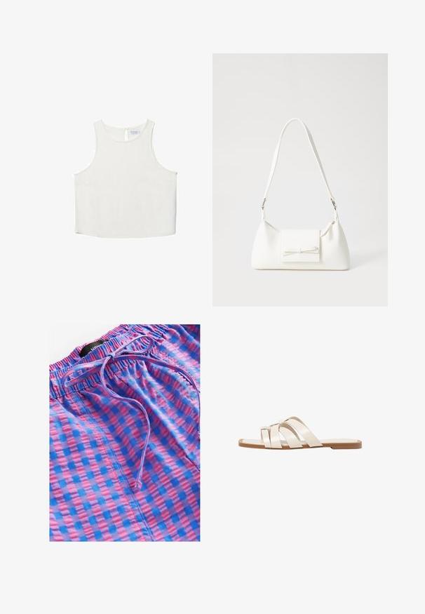 Haut sans manches blanc avec un col rond, présentant une texture subtile, un détail en forme de trou de serrure au dos et un ourlet droit.; Next PULL ON GINGHAM - Pantalon classique - blue pink; Sandales plates avec une semelle en caoutchouc beige, conçues avec trois brides en cuir blanc se chevauchant et un petit nœud au centre.; Sac à main synthétique blanc en forme triangulaire, avec un rabat avant plat et un détail en nœud, une bandoulière ajustable, une texture lisse et un design minimaliste.