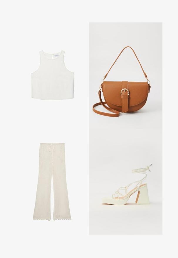 Hvid ærmeløs top med rund halsudskæring, der har en subtil tekstur, nøglehulsbagdetalje og lige kant.; Cremefarvede strikkede bukser med snøre i livet, flared ben-design og bølgede kantdetaljer, lavet af et let og åndbart stof.; Hvide højhælede sandaler med en kraftig hæl, der har et stropdesign og ankelbinding. Glat tekstur med en platform foran for ekstra højde.; Brun læder crossbody taske med en buet form, guldfarvet hardware og en spændeaccent. Har en aftagelig skulderrem.