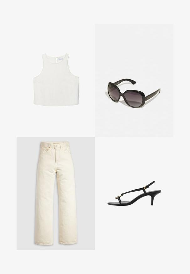 Bela brezrokavna majica z okroglim dekoltejem, ki se ponaša z diskretno teksturo, detajlom ključavnice na hrbtu in ravnim robom.; Jeans hlače širokih hlačnic iz džinsa v barvi slonokoščene kosti, z visokim pasom, bakrenimi zakovicami in klasičnim petžepnim dizajnom. Tkanina z teksturo in zaključena s čistimi robovi.; Črne usnjene sandale s kitten peto, tankimi trakovi, zlate zaponke in minimalistično zanko za prste na beli podlagi.; Črne sončna očala z over-sized, zaobljenimi okvirji. Leče prehajajo od temne do svetle. Imajo eleganten, sijoč zaključek in diskretne logotipne poudarke na templjih.; Črna usnjena torbica s ukrivljeno obliko, z odstranljivo naramnico in zlatimi dodatki. Torbica ima pokrov s podrobnostmi v obliki zaponke.
