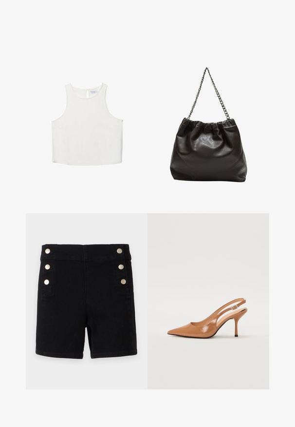 Bijela bezrukavna majica s okruglim izrezom, koja ima suptilnu teksturu, detalj u obliku ključa na leđima i ravni rub.; Crne traper hlače s visokim strukom, s zlatnim gumbima sa strane, dizajn s pet džepova i ravnim rubom.; Sandal s petom u obliku šiljastog prsta od glatkog, sjajnog smeškastog materijala. Ima zakrivljeni izrez i vitku štiklu. Detalj s srebrnom kopčom.; Smeđa kožna torba s naboranim vrhom i lančićem za nošenje. Glatka tekstura s sjajnim završetkom i suptilnim šavnim detaljima sa strane.