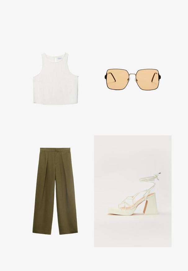 Biała bezrękawnik z okrągłym dekoltem, z delikatną teksturą, z tylnym wycięciem w kształcie klucza oraz prostym wykończeniem dołu.; Oliwkowe spodnie z szerokimi nogawkami wykonane z teksturowanej tkaniny, z fałdami z przodu i zapięciem na zamek, o prostym kroju i bez widocznych kieszeni.; Biała sandał na wysokim obcasie z masywnym słupkiem, z paskowym wzorem i wiązaniem przy kostce. Gładka faktura z platformą z przodu dla dodatkowej wysokości.; Kwadratowe okulary przeciwsłoneczne z brązowymi soczewkami i cienką, czarną metalową oprawą. Posiadają skośne zauszniki i regulowane noski dla większego komfortu.; Brązowa zamszowa torba tote z szerokim otwarciem, wydłużonymi paskami i zaciąganym zapięciem z metalowymi akcentami. Gładka faktura z minimalną ilością szwów.