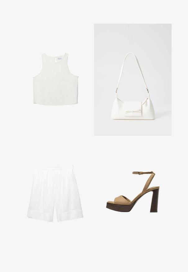 Vit ärmlös topp med rundad halsringning, featuring en subtil textur, detalj med nyckelhål i ryggen och rak nederkant.; Vita bomull bermudasort med elastisk midja, som har en lös passform och klippta kanter för komfort och lätt rörelse.; Beiga suède högklackade sandaler med ett brett framrem och ankelsrem, med en kraftig träblockklack med en strukturerad yta.; Vit syntetisk handväska med triangulär form, platt framklaff och rosettdetalj, justerbar rem, slät textur och minimalistisk design.