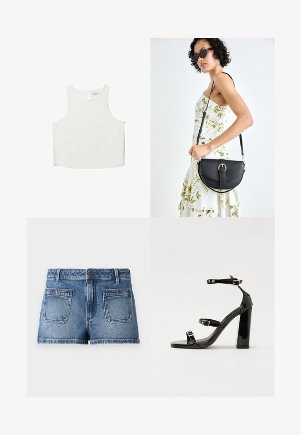 Top bianco senza maniche con scollo rotondo, caratterizzato da una sottile trama, dettaglio a rombo sul retro e orlo dritto.; Shorts di jeans in blu chiaro con finitura sbiadita, design a cinque tasche, due tasche frontali, due tasche posteriori e vita con bottone.; Sandali con tacco in vernice nera, con punta squadrata, cinturini alla caviglia e fibbie in argento. Presentano un tacco a blocco spesso per maggiore stabilità.; Borsa a tracolla nera in pelle con una forma curva, manico rimovibile e accessori dorati. La borsa presenta una patta con un dettaglio a fibbia.