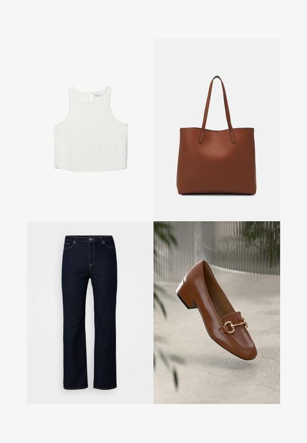 Top bianco senza maniche con scollo rotondo, caratterizzato da una sottile trama, dettaglio a rombo sul retro e orlo dritto.; Jeans in denim blu scuro, design a gamba dritta, stile a cinque tasche, dettagli di cucitura sottili, chiusura con zip e bottone.; Mocassino in pelle verniciata marrone con punta quadrata, accentato da catena metallica e tacco basso; texture liscia, design minimalista.; Borsa tote in pelle marrone con texture liscia, design con apertura superiore e due spallacci. Presenta cuciture minime e nessun hardware visibile.