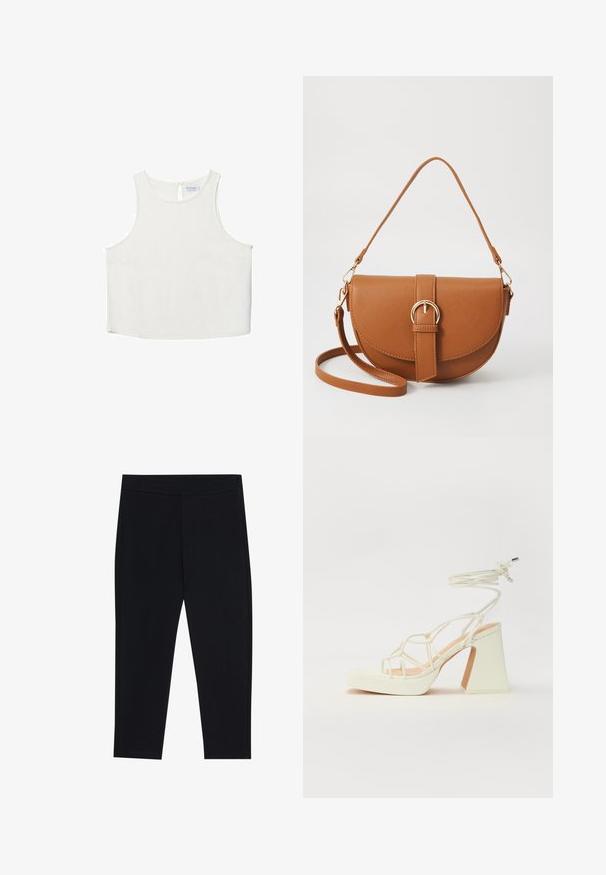 Biała bezrękawnik z okrągłym dekoltem, z delikatną teksturą, z tylnym wycięciem w kształcie klucza oraz prostym wykończeniem dołu.; Czarne legginsy wykonane z elastycznego materiału, z elastyczną talią i gładką strukturą. Brak widocznych wzorów lub detali metalowych.; Biała sandał na wysokim obcasie z masywnym słupkiem, z paskowym wzorem i wiązaniem przy kostce. Gładka faktura z platformą z przodu dla dodatkowej wysokości.; Brązowa skórzana torba na ramię o zaokrąglonym kształcie, ze złotymi akcentami i zapięciem w formie klamry. Posiada odpinany pasek na ramię.