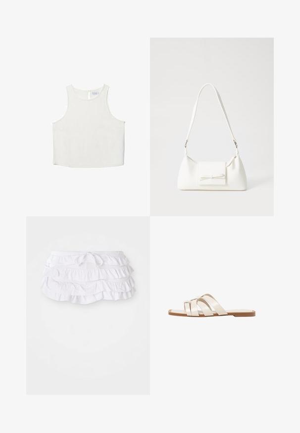 Top bianco senza maniche con scollo rotondo, caratterizzato da una sottile trama, dettaglio a rombo sul retro e orlo dritto.; Gonna da bagno bianca a balze con più strati, dotata di vita con cordoncino per la regolazione. Tessuto morbido con una texture liscia.; Infradito con suola in gomma color talpa, progettate con tre cinturini in pelle bianca sovrapposti e un piccolo dettaglio a fiocco al centro.; Borsa sintetica bianca a forma triangolare, con patta anteriore piatta e dettaglio a fiocco, tracolla regolabile, texture liscia e design minimalista.