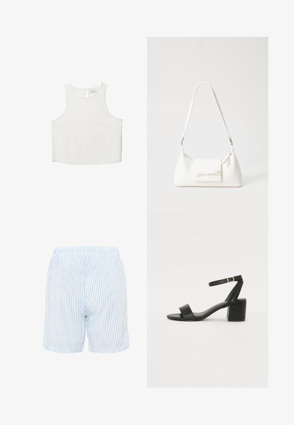 Vit ärmlös topp med rundad halsringning, featuring en subtil textur, detalj med nyckelhål i ryggen och rak nederkant.; Randiga shorts i ljusblått och vitt, gjorda av vävt tyg. Har elastisk midja och en avslappnad passform, med sidofickor.; Svart klacksandals med en slät läderöverdel, öppen tå, breda framremmar och justerbart ankelband med en guldfärgad spänne.; Vit syntetisk handväska med triangulär form, platt framklaff och rosettdetalj, justerbar rem, slät textur och minimalistisk design.