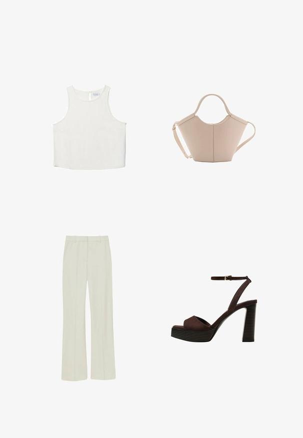 Top bianco senza maniche con scollo rotondo, caratterizzato da una sottile trama, dettaglio a rombo sul retro e orlo dritto.; Pantaloni beige chiaro in tessuto liscio, con un design a gamba dritta, piega frontale e vita standard con passanti per cintura.; Sandal in camoscio marrone con tacco alto, punta aperta, cinturino alla caviglia regolabile e suola a piattaforma striata.; Borsa in pelle beige con una forma unica, caratterizzata da due manici corti e una lunga tracolla regolabile. Texture liscia con hardware minimale.