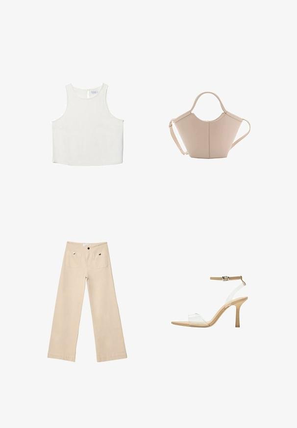 Biele bezrukávové tričko s okrúhlym výstrihom, ktoré má jemnú textúru, detail s kľúčovou dierkou na chrbte a rovný lem.; Bežové nohavice s širokými nohavicami z mäkkého bavlneného materiálu, s dvoma prednými vreckami so striebornými doplnkami, rovný strih a precízne dokončené lemy.; Priehľadné sandále na vysokom podpätku s transparentným zvrškom, béžovou stielkou a štíhlym remienkom na členku. Majú špicatú špičku a tenký vysoký podpätok.; Béžová kožená kabelka s unikátnym tvarom, vybavená dvoma krátkymi uchami a jedným dlhým nastaviteľným popruhom. Hladký povrch s minimálnym kovovým príslušenstvom.