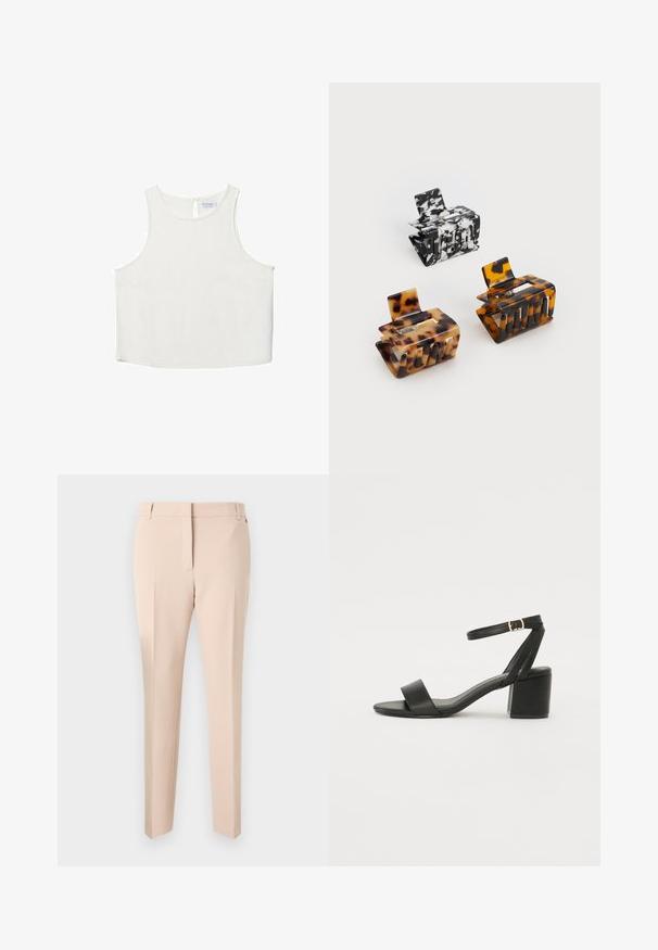 Vit ärmlös topp med rundad halsringning, featuring en subtil textur, detalj med nyckelhål i ryggen och rak nederkant.; Beige skräddarsydda byxor med slät front, bälteslyftor, två sidfickor och rak ben-design. Slät tygerstruktur och minimala detaljer.; Svart klacksandals med en slät läderöverdel, öppen tå, breda framremmar och justerbart ankelband med en guldfärgad spänne.; Tre hårklämmor: en svart-vit marmorerad, två sköldpaddsmönstrade i bruna och svarta nyanser, alla gjorda av glänsande plast med en texturerad yta.