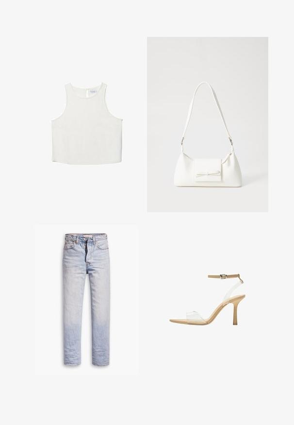 Bílý bezrukávový top s kulatým výstřihem, který má jemnou texturu, detaily v oblasti zad ve tvaru klíčové dírky a rovný lem.; Světle modré džíny s rovnými nohavicemi, vybavené zapínáním na knoflíky, pěti kapsami a jemným vyblednutím podél nohavic.; Průhledná sandálová obuv s průhledným svrškem, béžovou stélkou a štíhlým páskem kolem kotníku. Má špičatou špičku a tenký vysoký podpatek.; Bílá syntetická kabelka v trojúhelníkovém tvaru, s plochým předním klopným víkem a detailem mašle, nastavitelným popruhem, hladkým povrchem a minimalistickým designem.