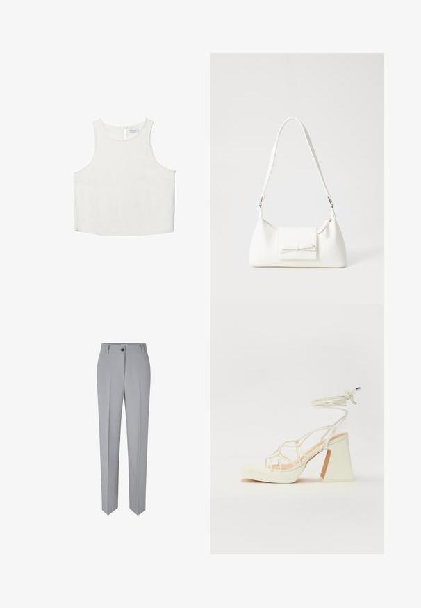White sleeveless top with a round neckline, featuring a subtle texture, keyhole back detail, and a straight hemline.; Grey tailored trousers with a straight leg, made from a smooth fabric. Features a front button closure and two front pockets.; White high-heeled sandal with a chunky heel, featuring a strappy design and ankle tie. Smooth texture with a platform front for added height.; White synthetic handbag with a triangular shape, flat front flap and bow detail, adjustable strap, smooth texture, and minimalistic design.