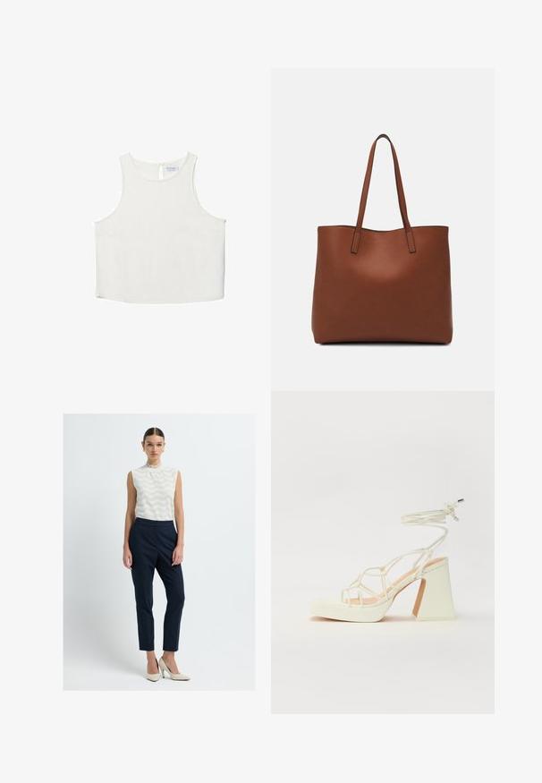 Vit ärmlös topp med rundad halsringning, featuring en subtil textur, detalj med nyckelhål i ryggen och rak nederkant.; Vit ärmlös topp med chevronmönster och rynkad halsringning, kombinerad med marinblå byxor med kritstrecksrand och beige högklackade skor.; Vit högklackad sandal med en kraftig klack, med ett remdesign och ankelband. Slät textur med en plattform framtill för ökad höjd.; Brun läder tote-väska med en slät textur, öppen toppdesign och två axelremmar. Har minimal söm och ingen synlig metalldetalj.