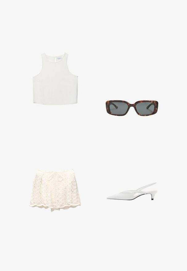 Bela brezrokavna majica z okroglim dekoltejem, ki se ponaša z diskretno teksturo, detajlom ključavnice na hrbtu in ravnim robom.; Bele kvačane hlače z valovitimi robovi, ki imajo teksturirano, odprto pletivo in vrvico za prilagodljivo prileganje.; Bela slingback peta z ošiljenim nosom, z gladkim zgornjim delom, subtilnimi izrezi in nizkim blok petkom. Črna podplat poudarja dizajn.; Sonce, ki je oblikovana v tortoščkovem vzorcu, ima pravokotne leče, debele okvirje in temne leče. Ima gladko teksturo in minimalističen dizajn.