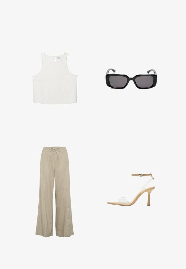 Valkoinen hihaton paita, jossa on pyöreä pääntie, hienovarainen tekstuuri, avaustakki ja suora helma.; Beige levele leggar som är tillverkade av ett lätt tyg, med dragsko i midjan och sidofickor. Slät textur, minimalistisk design.; Kirkas korkokenkä läpinäkyvällä varrella, beigellä pohjalla ja hoikalla nilkkahihnalla. Ominaisuuksiin kuuluu terävä kärki ja ohut korkea korko.; Mustat suorakulmaiset aurinkolasit tummilla linsseillä, sileä muovikehys ja kaarevat templet. Suunnittelu on jykevä ja minimalistinen.