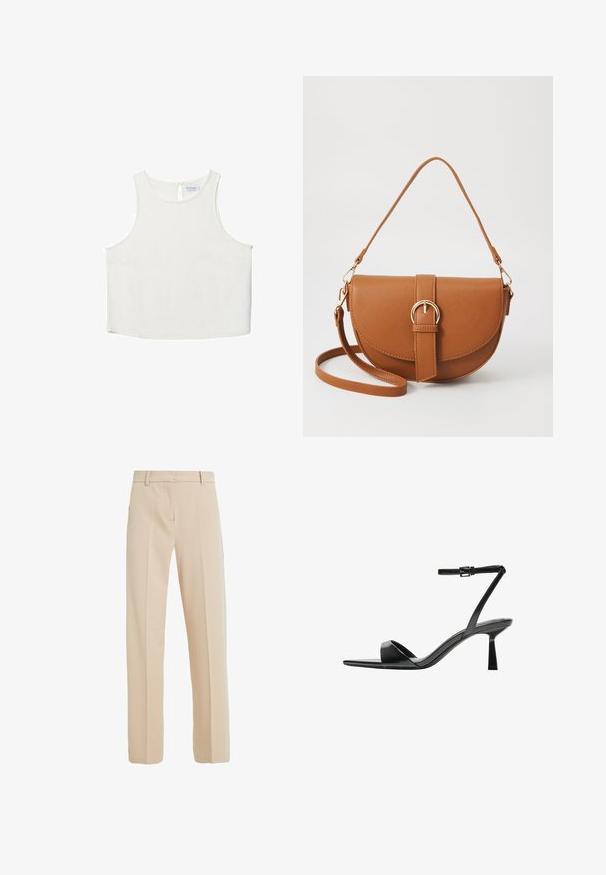 Vit ärmlös topp med rundad halsringning, featuring en subtil textur, detalj med nyckelhål i ryggen och rak nederkant.; Beiga skräddarsydda byxor i mjukt tyg, med rak benform, sidofickor och veckdetaljer fram.; Bershka Sandaletter - black; Brun läder crossbody-väska med en böjd form, gyllene detaljer och en spänneaccent. Har en avtagbar axelrem.