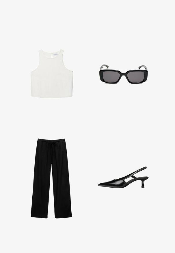 Bela brezrokavna majica z okroglim dekoltejem, ki se ponaša z diskretno teksturo, detajlom ključavnice na hrbtu in ravnim robom.; Črne široke hlače iz lahkega materiala z elastičnim pasom in podrobnostjo z vrvico. Preprost dizajn, brez vzorcev ali kovinskih dodatkov.; Črne patentični usnjeni salonarji s slingback designom, z zašiljenim nosom, izrezanim stranskim dizajnom in majhnim kvadratnim peto. Gladka tekstura z minimalnimi detajli.; Črne pravokotne sončne očala z temnimi lečami, gladkim plastičnim okvirjem in ukrivljenimi nogicami. Oblika je robustna in minimalistična.