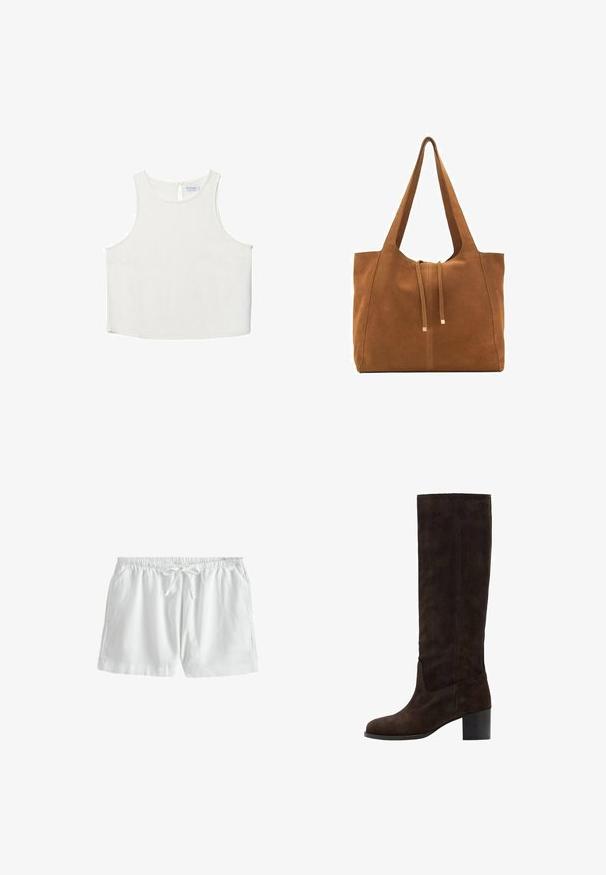 Hvid ærmeløs top med rund halsudskæring, der har en subtil tekstur, nøglehulsbagdetalje og lige kant.; Next REGULAR FIT - Shorts - white; Brune ruskind knæhøj støvle med firkantet tå og blokhæl. Glat tekstur og minimal syning detalje på ydersiden.; Brun ruskinds-tote med to lange stropper, snørelukning og minimalistisk design. Glat tekstur og ingen synlige hardware-detaljer.