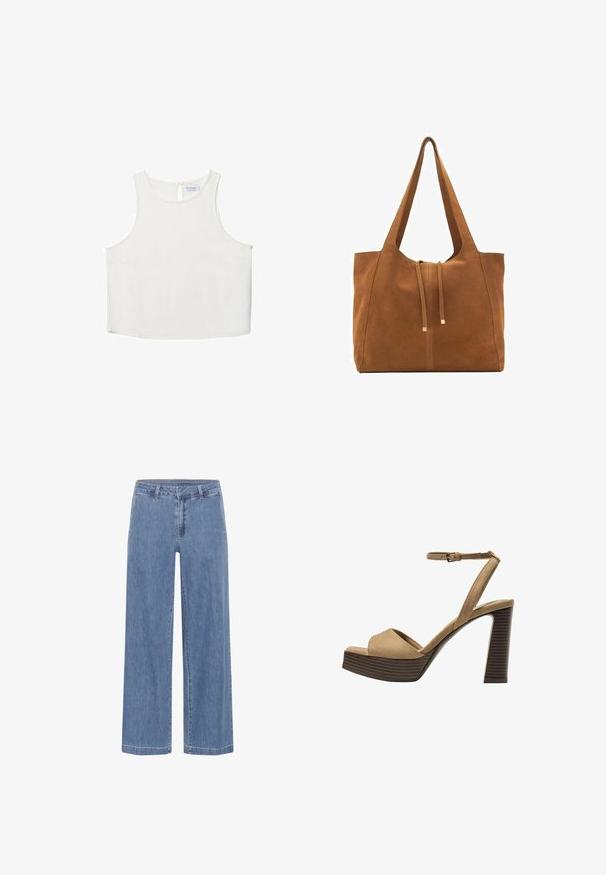 Bílý bezrukávový top s kulatým výstřihem, který má jemnou texturu, detaily v oblasti zad ve tvaru klíčové dírky a rovný lem.; My Essential Wardrobe SOFFI WIDE - Volné džíny - medium blue wash; Bežové semišové sandály na vysokém podpatku s širokým předním páskem a páskem kolem kotníku, s masivním dřevěným blokovým podpatkem s texturovaným povrchem.; Hnědá semišová taška s dvěma dlouhými popruhy, stahovací šňůrkou a minimalistickým designem. Hladký povrch a žádné viditelné kovové akcenty.