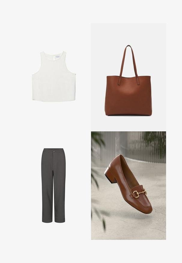Hvid ærmeløs top med rund halsudskæring, der har en subtil tekstur, nøglehulsbagdetalje og lige kant.; Grå habitbukser med lige ben, glat tekstur, lukning med frontknap og opsmøgede kanter for et skræddersyet look.; Brun patentlæder loafers med firkantet tå, metallisk kædeaccent og lav blokhæl; glat tekstur, minimalistisk design.; Brun læder tote taske med en glat overflade, åben topdesign og to skulderremme. Har minimal syning og ingen synlig hardware.