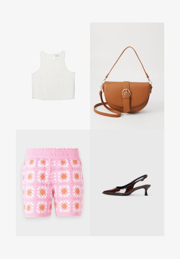 Vit ärmlös topp med rundad halsringning, featuring en subtil textur, detalj med nyckelhål i ryggen och rak nederkant.; Rosa virkade shortsen med ett rutmönster och vita och orange detaljer. Texturerad tyg med en vågig midjebanddetalj.; Brun lackläder slingback-sko med spetsig tå och en måttlig klack. Utrustad med en spännband för säker passform. Slät textur.; Brun läder crossbody-väska med en böjd form, gyllene detaljer och en spänneaccent. Har en avtagbar axelrem.