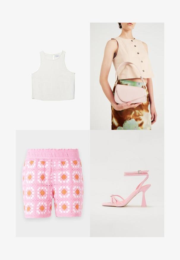 Weißes ärmelloses Oberteil mit rundem Halsausschnitt, das über eine subtile Textur, ein Schlüsselaugen-Rückendetail und einen geraden Saum verfügt.; Rosa gehäkelte Shorts mit quadratischem Muster und weißen sowie orangen Akzenten. Strukturierter Stoff mit wellenförmigem Bunddetail.; Rosa Absatzsandalen mit Riemchendesign und Knöchelriemen. Sie verfügen über ein dekoratives Element an der Zehenspitze und ein modernes, konisches Absatzdesign.; Rosa Lederhandtasche mit gewölbtem Deckel, einem Schulterriemen und klaren Linien. Die Tasche zeigt eine glatte Textur und ein minimalistisches Design.
