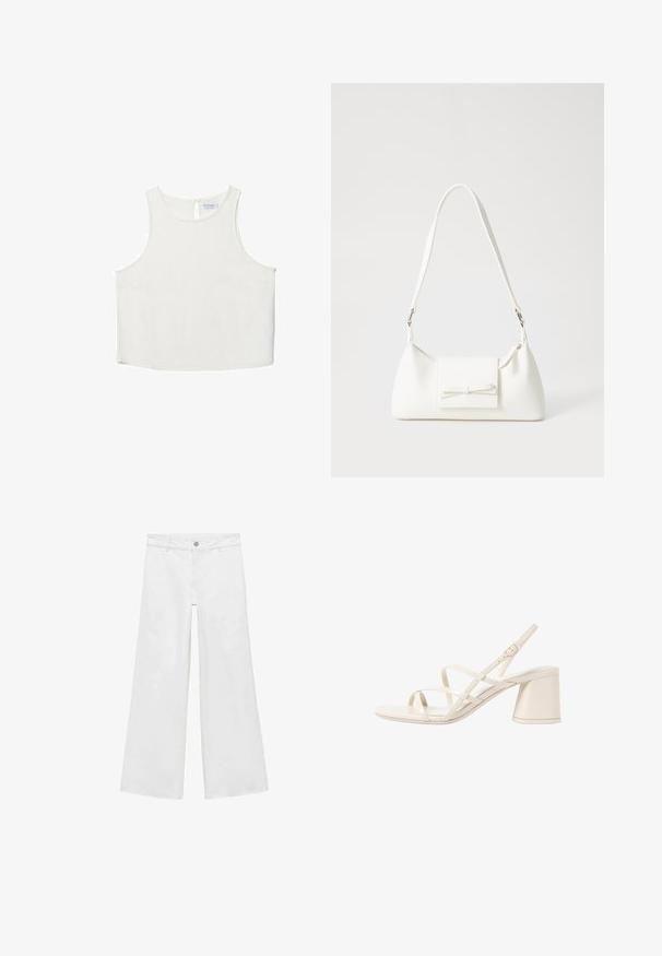 Weißes ärmelloses Oberteil mit rundem Halsausschnitt, das über eine subtile Textur, ein Schlüsselaugen-Rückendetail und einen geraden Saum verfügt.; Weiße, weit geschnittene Jeans mit Knopfleiste und fünf Taschen, aus denim mit glatter Textur gefertigt, im klassischen Design.; Beige Riemchen-High Heels mit einer abgerundeten offenen Zehenpartie und einem mittelhohen Blockabsatz. Mit verstellbarem Knöchelriemen und glatter, glänzender Oberfläche.; Weiße synthetische Handtasche in dreieckiger Form, flache Vorderklappe und Schleifendetail, verstellbarer Trageriemen, glatte Textur und minimalistisches Design.