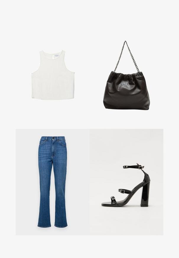 Biele bezrukávové tričko s okrúhlym výstrihom, ktoré má jemnú textúru, detail s kľúčovou dierkou na chrbte a rovný lem.; Džínsy s rozšírenými nohavicami v stredne modrej farbe, vysoký pás, päť vreciek a tónované švy. Obsahujú zapínanie na gombík a zips.; Čierne lakované sandále na podpätku so štvorcovou špičkou, navlečenými remienkami okolo členku a striebornými prackami. Disponujú masívnym blokovým podpätkom pre stabilitu.; Hnedá kožená taška so zberaným vrchom a reťazovým popruhom. Hladký povrch s lesklým finišom a jemným švom po stranách.